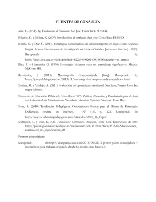 FUENTES DE CONSULTA
Arce, C. (2011). Ley Fundamenta de Educación. San José, Costa Rica: EUNED.
Bolaños, G. y Molina, Z. (2007) Introducción al currículo. San José, Costa Rica: EUNED
Bonilla, M. y Díaz, C. (2014). Estrategias comunicativas de adultos mayores en inglés como segunda
lengua. Revista Internacional de Investigación en Ciencias Sociales, [revista en Internet]. 10 (1).
Recuperado de:
http://scielo.iics.una.py/scielo.php?pid=S222640002014000100006&script=sci_arttext
Díaz, F. y Hernández G. (1998). Estrategias docentes para un aprendizaje significativo. México.
McGraw Hill.
Hernández, J. (2013). Mecanografía Computarizada [blog]. Recuperado de:
http://joselynh.blogspot.com/2013/11/mecanografia-computarizada-esaquella-en.html
Medina, M. y Verdejo, A. (2011) Evaluación del aprendizaje estudiantil. San Juan, Puerto Rico: Isla
negra editores.
Ministerio de Educación Pública de Costa Rica (1997). Políticas, Normativas y Procedimientos para el Acceso
a la Educación de los Estudiantes con Necesidades Educativas Especiales, San José, Costa Rica.
Mora, R. (2010). Tendencias Pedagógicas. Orientaciones Básicas para el Diseño de Estrategias
Didácticas, [revista en Internet]. Nº (16), p. 221. Recuperado de:
http://www.tendenciaspedagogicas.com/Articulos/2010_16_13.pdf
Rodríguez, L. y Solís, K. (s.f). Adecuaciones Curriculares. Alajuela, Costa Rica. Recuperado de http:
http://psicologiaeducativa2.bligoo.es/media/users/23/1175012/files/351525/Adecuaciones_
curriculares_no_significativas.pdf
Fuentes electrónicas:
Recuperado de:http://ideasparalaclase.com/2013/08/22/12-power-points-descargables-e-
interactivos-para-trabajar-ortografia-desde-los-niveles-mas-basicos/.
 