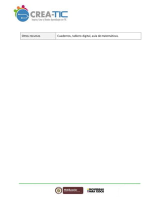 Otros recursos Cuadernos, tablero digital, aula de matemáticas.
 