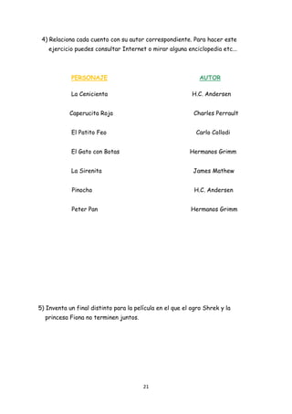 4) Relaciona cada cuento con su autor correspondiente. Para hacer este
      ejercicio puedes consultar Internet o mirar alguna enciclopedia etc...



              PERSONAJE                                       AUTOR

              La Cenicienta                                H.C. Andersen


             Caperucita Roja                               Charles Perrault


              El Patito Feo                                 Carlo Collodi


              El Gato con Botas                           Hermanos Grimm


              La Sirenita                                  James Mathew


              Pinocho                                       H.C. Andersen


              Peter Pan                                   Hermanos Grimm




5) Inventa un final distinto para la película en el que el ogro Shrek y la
     princesa Fiona no terminen juntos.




                                          21 
  
 