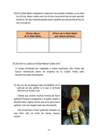 4) En la Edad Media empezaron a aparecer las grandes ciudades, y con ellas
      los oficios. Busca cuáles eran los oficios características de este periodo
      histórico. En dos columnas puedes poner aquéllos que aún perduran hoy en
      día y los que no.




                Oficios típicos               Oficios de la Edad Media
               de la Edad Media                 que todavía perduran




5) ¿Existía tu ciudad en la Edad Media? ¿Cómo era?

     Si tienes curiosidad por responder a estas cuestiones, sólo tienes que
     buscar información sobre los orígenes de tu ciudad. Verás cómo
     encuentras cosas interesantes.




 6) Uno de los personajes más entrañables de la
    película es esa galleta a la que el príncipe
    maltrata de forma cruel.

       ¿Sabes que existen muchas formas de hacer
 galletas? Porque no preguntas a tu padre, madre o
 abuelos sobre alguna receta que sirva para hacer
 galletas. Una vez tengáis toda esa información.

       ¿Os atreveríais a hacer galletas? Animaos, es
 muy fácil, sólo se trata de harina, huevos,
 azúcar...




                                        23 
  
 