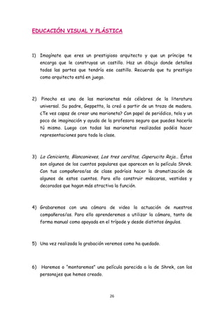 EDUCACIÓN VISUAL Y PLÁSTICA



1) Imagínate que eres un prestigioso arquitecto y que un príncipe te
     encarga que le construyas un castillo. Haz un dibujo donde detalles
     todas las partes que tendría ese castillo. Recuerda que tu prestigio
     como arquitecto está en juego.



2)   Pinocho es una de las marionetas más célebres de la literatura
     universal. Su padre, Geppetto, la creó a partir de un trozo de madera.
     ¿Te ves capaz de crear una marioneta? Con papel de periódico, tela y un
     poco de imaginación y ayuda de la profesora seguro que puedes hacerla
     tú mismo. Luego con todas las marionetas realizadas podéis hacer
     representaciones para toda la clase.



3) La Cenicienta, Blancanieves, Los tres cerditos, Caperucita Roja... Éstos
     son algunos de los cuentos populares que aparecen en la película Shrek.
     Con tus compañeros/as de clase podríais hacer la dramatización de
     algunos de estos cuentos. Para ello construir máscaras, vestidos y
     decorados que hagan más atractiva la función.



4) Grabaremos con una cámara de video la actuación de nuestros
     compañeros/as. Para ello aprenderemos a utilizar la cámara, tanto de
     forma manual como apoyada en el trípode y desde distintos ángulos.



5) Una vez realizada la grabación veremos como ha quedado.




6)   Haremos o “montaremos” una película parecida a la de Shrek, con los
     personajes que hemos creado.



                                      26 
 
 