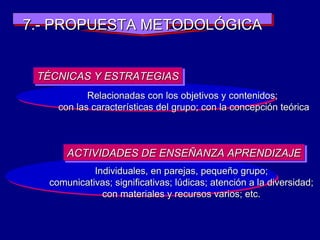 7.- PROPUESTA METODOLÓGICA Individuales, en parejas, pequeño grupo; comunicativas; significativas; lúdicas; atención a la diversidad; con materiales y recursos varios; etc. ACTIVIDADES DE ENSEÑANZA APRENDIZAJE Relacionadas con los objetivos y contenidos;  con las características del grupo; con la concepción teórica TÉCNICAS Y ESTRATEGIAS 