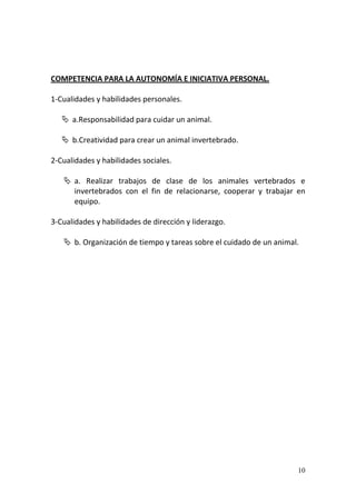10
COMPETENCIA PARA LA AUTONOMÍA E INICIATIVA PERSONAL.
1-Cualidades y habilidades personales.
 a.Responsabilidad para cuidar un animal.
 b.Creatividad para crear un animal invertebrado.
2-Cualidades y habilidades sociales.
 a. Realizar trabajos de clase de los animales vertebrados e
invertebrados con el fin de relacionarse, cooperar y trabajar en
equipo.
3-Cualidades y habilidades de dirección y liderazgo.
 b. Organización de tiempo y tareas sobre el cuidado de un animal.
 