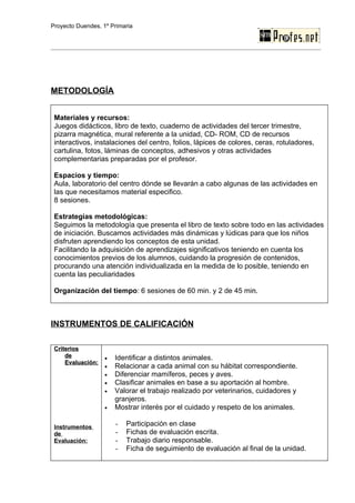 Proyecto Duendes, 1º Primaria




METODOLOGÍA


 Materiales y recursos:
 Juegos didácticos, libro de texto, cuaderno de actividades del tercer trimestre,
 pizarra magnética, mural referente a la unidad, CD- ROM, CD de recursos
 interactivos, instalaciones del centro, folios, lápices de colores, ceras, rotuladores,
 cartulina, fotos, láminas de conceptos, adhesivos y otras actividades
 complementarias preparadas por el profesor.

 Espacios y tiempo:
 Aula, laboratorio del centro dónde se llevarán a cabo algunas de las actividades en
 las que necesitamos material especifico.
 8 sesiones.

 Estrategias metodológicas:
 Seguimos la metodología que presenta el libro de texto sobre todo en las actividades
 de iniciación. Buscamos actividades más dinámicas y lúdicas para que los niños
 disfruten aprendiendo los conceptos de esta unidad.
 Facilitando la adquisición de aprendizajes significativos teniendo en cuenta los
 conocimientos previos de los alumnos, cuidando la progresión de contenidos,
 procurando una atención individualizada en la medida de lo posible, teniendo en
 cuenta las peculiaridades

 Organización del tiempo: 6 sesiones de 60 min. y 2 de 45 min.
                                                            n.



INSTRUMENTOS DE CALIFICACIÓN

 Criterios
     de            •   Identificar a distintos animales.
     Evaluación:
                   •   Relacionar a cada animal con su hábitat correspondiente.
                   •   Diferenciar mamíferos, peces y aves.
                   •   Clasificar animales en base a su aportación al hombre.
                   •   Valorar el trabajo realizado por veterinarios, cuidadores y
                       granjeros.
                   •   Mostrar interés por el cuidado y respeto de los animales.

 Instrumentos          -   Participación en clase
 de                    -   Fichas de evaluación escrita.
 Evaluación:           -   Trabajo diario responsable.
                       -   Ficha de seguimiento de evaluación al final de la unidad.
 