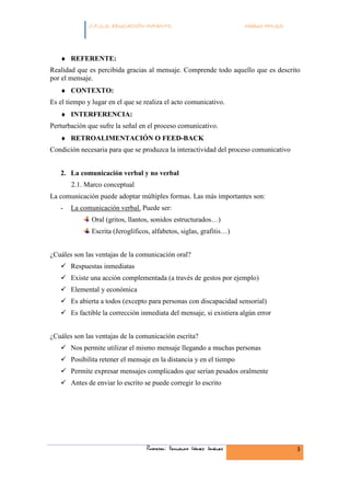INFANTIL
             C.F.G.S. EDUCACIÓN INFANTIL                              Módulo HH.SS.




   ♦ REFERENTE:
Realidad que es percibida gracias al mensaje. Comprende todo aquello que es descrito
por el mensaje.
   ♦ CONTEXTO:
Es el tiempo y lugar en el que se realiza el acto comunicativo.
   ♦ INTERFERENCIA:
Perturbación que sufre la señal en el proceso comunicativo.
   ♦ RETROALIMENTACIÓN O FEED-BACK
Condición necesaria para que se produzca la interactividad del proceso comunicativo


   2. La comunicación verbal y no verbal
       2.1. Marco conceptual
La comunicación puede adoptar múltiples formas. Las más importantes son:
   -   La comunicación verbal. Puede ser:
               Oral (gritos, llantos, sonidos estructurados…)
               Escrita (Jeroglíficos, alfabetos, siglas, grafitis…)


¿Cuáles son las ventajas de la comunicación oral?
       Respuestas inmediatas
       Existe una acción complementada (a través de gestos por ejemplo)
       Elemental y económica
       Es abierta a todos (excepto para personas con discapacidad sensorial)
       Es factible la corrección inmediata del mensaje, si existiera algún error


¿Cuáles son las ventajas de la comunicación escrita?
       Nos permite utilizar el mismo mensaje llegando a muchas personas
       Posibilita retener el mensaje en la distancia y en el tiempo
       Permite expresar mensajes complicados que serían pesados oralmente
       Antes de enviar lo escrito se puede corregir lo escrito




                                   Profesor: Fernando Gómez Jiménez                   3
 