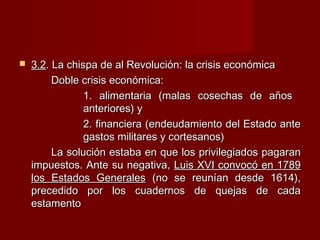  3.23.2. La chispa de al Revolución: la crisis económica. La chispa de al Revolución: la crisis económica
Doble crisis económica:Doble crisis económica:
1. alimentaria (malas cosechas de años1. alimentaria (malas cosechas de años
anteriores) yanteriores) y
2. financiera (endeudamiento del Estado ante2. financiera (endeudamiento del Estado ante
gastos militares y cortesanos)gastos militares y cortesanos)
La solución estaba en que los privilegiados pagaranLa solución estaba en que los privilegiados pagaran
impuestos. Ante su negativa,impuestos. Ante su negativa, Luis XVI convocó en 1789Luis XVI convocó en 1789
los Estados Generaleslos Estados Generales (no se reunían desde 1614),(no se reunían desde 1614),
precedido por los cuadernos de quejas de cadaprecedido por los cuadernos de quejas de cada
estamentoestamento
 