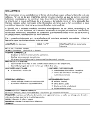 FUNDAMENTACIÓN:
Nos encontramos en una sociedad donde la Ciencia y la tecnología ocupan un lugar fundamental en la vida
cotidiana. Por eso es de gran importancia estudiar ciencias naturales, ya que los alumnos adquieren
habilidades y destrezas que les permite un mejor desenvolvimiento en la vida cotidiana y relacionarse con
su entorno, con el mundo del trabajo, de la producción y del estudio mismo, en forma adecuada. Las
Ciencias Naturales se han incorporado en la vida social de tal manera que se han convertido en la clave
esencial que les permite interpretar y comprender la cultura contemporánea.
Es por eso, que la sociedad ha tomado conciencia de la importancia de las Ciencias, la tecnología y las
innovaciones; y lo más importante, de su influencia en la salud, el transporte, los medios de comunicación,
los recursos alimenticios y energéticos, las condiciones que mejoran la calidad de vida del ser humano y
muy especialmente, la conservación del medio ambiente.
Por lo expuesto anteriormente se considera fundamental, importante, necesaria, trascendente y obligatoria
la enseñanza de las ciencias naturales en las escuelas.
ASIGNATURA: Cs. Naturales

CURSO: 7mo “A”

PRACTICANTES: Cricca Sonia, Sedita
Georgina

EJE: La nutrición y el ser humano.
TIEMPO: Dos semanas ( 8 módulos de 45 minutos)
OBJETIVOS DE APRENDIZAJE:
- Establecer la diferencia entre nutrientes y alimentos.
- Clasificar alimentos según los nutrientes.
- Iniciarse en el conocimiento de los sistemas que intervienen en la nutrición.
CONTENIDOS ACTITUDINALES:
o Valoración del intercambio de ideas como fuente de construcción del conocimiento.
o Sensibilidad y respeto por la vida humana y el cuidado de la salud.
CONTENIDOS CONCEPTUALES:
CONTENIDOS PROCEDIMENTALES:
 El ser humano y la nutrición.
 Diferenciación de nutrientes y alimentos
 Análisis del consumo de alimentos y los
nutrientes contenidos.

ESTRATEGIAS DIDÁCTICAS:
MATERIALES CURRICULARES:
- Sondeo e indagación de conocimientos previos
 Material concreto
- Autocorrección reflexiva y puesta en común.
 Libros de 7mo grado
 Diseño curricular jurisdiccional
 Apoyatura visual/video
ESTRATEGIAS PARA LA HETEROGENEIDAD:
Se brindará atención y mayor tiempo de trabajo a los alumnos que presenten dificultades.
EVALUACIÓN: reconocer que la función de nutrición en el organismo humano se realiza con la integración de cuatro
sistemas: digestivo, respiratorio, circulatorio y excretor.
INICIAL: indagación de saberes previos.
FORMATIVA: observación y seguimiento del alumno.
SUMATIVA:

 