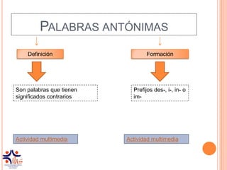 PALABRAS ANTÓNIMAS
    Definición                   Formación




Son palabras que tienen     Prefijos des-, i-, in- o
significados contrarios     im-




Actividad multimedia      Actividad multimedia
 
