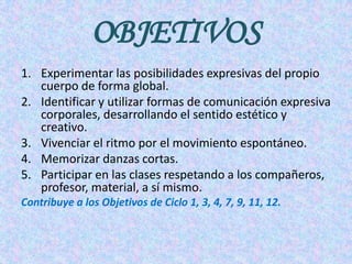 Experimentar las posibilidades expresivas del propio cuerpo de forma global.Identificar y utilizar formas de comunicación expresiva corporales, desarrollando el sentido estético y creativo.Vivenciar el ritmo por el movimiento espontáneo.Memorizar danzas cortas.Participar en las clases respetando a los compañeros, profesor, material, a sí mismo.Contribuye a los Objetivos de Ciclo 1, 3, 4, 7, 9, 11, 12.OBJETIVOS
