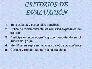 Imita objetos y personajes sencillos.Utiliza de forma correcta los recursos expresivos del cuerpoParticipa en la coreografía grupal, respetando su rol dentro del grupo.Identifica las representaciones de otros compañeros.Conoce y respeta las normas de la claseCRITERIOS DE EVALUACIÓN