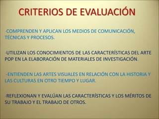 CRITERIOS DE EVALUACIÓN
-COMPRENDEN Y APLICAN LOS MEDIOS DE COMUNICACIÓN,
TÉCNICAS Y PROCESOS.
-UTILIZAN LOS CONOCIMIENTOS DE LAS CARACTERÍSTICAS DEL ARTE
POP EN LA ELABORACIÓN DE MATERIALES DE INVESTIGACIÓN.
-ENTIENDEN LAS ARTES VISUALES EN RELACIÓN CON LA HISTORIA Y
LAS CULTURAS EN OTRO TIEMPO Y LUGAR.
-REFLEXIONAN Y EVALÚAN LAS CARACTERÍSTICAS Y LOS MÉRITOS DE
SU TRABAJO Y EL TRABAJO DE OTROS.
 