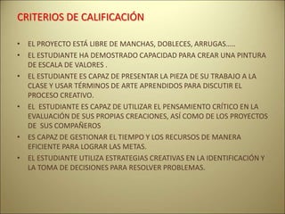 CRITERIOS DE CALIFICACIÓN
• EL PROYECTO ESTÁ LIBRE DE MANCHAS, DOBLECES, ARRUGAS…..
• EL ESTUDIANTE HA DEMOSTRADO CAPACIDAD PARA CREAR UNA PINTURA
DE ESCALA DE VALORES .
• EL ESTUDIANTE ES CAPAZ DE PRESENTAR LA PIEZA DE SU TRABAJO A LA
CLASE Y USAR TÉRMINOS DE ARTE APRENDIDOS PARA DISCUTIR EL
PROCESO CREATIVO.
• EL ESTUDIANTE ES CAPAZ DE UTILIZAR EL PENSAMIENTO CRÍTICO EN LA
EVALUACIÓN DE SUS PROPIAS CREACIONES, ASÍ COMO DE LOS PROYECTOS
DE SUS COMPAÑEROS
• ES CAPAZ DE GESTIONAR EL TIEMPO Y LOS RECURSOS DE MANERA
EFICIENTE PARA LOGRAR LAS METAS.
• EL ESTUDIANTE UTILIZA ESTRATEGIAS CREATIVAS EN LA IDENTIFICACIÓN Y
LA TOMA DE DECISIONES PARA RESOLVER PROBLEMAS.
 