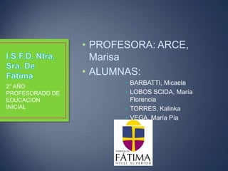 • PROFESORA: ARCE,
Marisa
• ALUMNAS:
2° AÑO
PROFESORADO DE
EDUCACION
INICIAL

• BARBATTI, Micaela
• LOBOS SCIDA, María
Florencia
• TORRES, Kalinka
• VEGA, María Pía

 