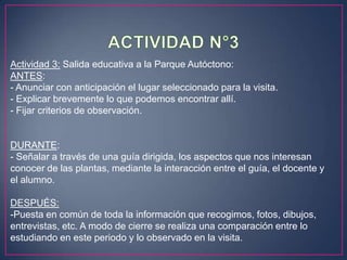 Actividad 3: Salida educativa a la Parque Autóctono:
ANTES:
- Anunciar con anticipación el lugar seleccionado para la visita.
- Explicar brevemente lo que podemos encontrar allí.
- Fijar criterios de observación.

DURANTE:
- Señalar a través de una guía dirigida, los aspectos que nos interesan
conocer de las plantas, mediante la interacción entre el guía, el docente y
el alumno.
DESPUÉS:
-Puesta en común de toda la información que recogimos, fotos, dibujos,
entrevistas, etc. A modo de cierre se realiza una comparación entre lo
estudiando en este periodo y lo observado en la visita.

 