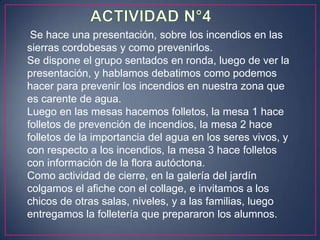 Se hace una presentación, sobre los incendios en las
sierras cordobesas y como prevenirlos.
Se dispone el grupo sentados en ronda, luego de ver la
presentación, y hablamos debatimos como podemos
hacer para prevenir los incendios en nuestra zona que
es carente de agua.
Luego en las mesas hacemos folletos, la mesa 1 hace
folletos de prevención de incendios, la mesa 2 hace
folletos de la importancia del agua en los seres vivos, y
con respecto a los incendios, la mesa 3 hace folletos
con información de la flora autóctona.
Como actividad de cierre, en la galería del jardín
colgamos el afiche con el collage, e invitamos a los
chicos de otras salas, niveles, y a las familias, luego
entregamos la folletería que prepararon los alumnos.

 