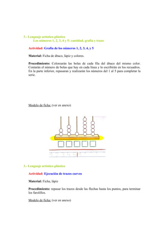 3.- Lenguaje artístico plástico
Los números 1, 2, 3, 4 y 5: cantidad, grafía y trazo
Actividad: Grafía de los números 1, 2, 3, 4, y 5
Material: Ficha de ábaco, lápiz y colores.
Procedimiento: Colorearán las bolas de cada fila del ábaco del mismo color.
Contarán el número de bolas que hay en cada línea y lo escribirán en los recuadros.
En la parte inferior, repasaran y realizarán los números del 1 al 5 para completar la
serie.
Modelo de ficha: (ver en anexo)
3.- Lenguaje artístico plástico
Actividad: Ejecución de trazos curvos
Material: Ficha, lápiz
Procedimiento: repasar los trazos desde las flechas hasta los puntos, para terminar
los farolillos.
Modelo de ficha: (ver en anexo)
 
