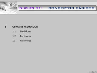 1 OBRAS DE REGULACION
1.1 Medidores
1.2 Partidores
1.3 Reservorios
Núcleo 01: CONCEPTOS BÁSICOS
 