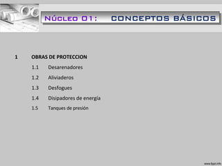 1 OBRAS DE PROTECCION
1.1 Desarenadores
1.2 Aliviaderos
1.3 Desfogues
1.4 Disipadores de energía
1.5 Tanques de presión
Núcleo 01: CONCEPTOS BÁSICOS
 