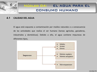 Núcleo 04: EL AGUA PARA EL
CONSUMO HUMANO
1.1 CALIDAD DEL AGUA
El agua está expuesta a contaminación por medios naturales o a consecuencia
de las actividades que realiza el ser humano (tareas agrícolas, ganaderas,
industriales y domésticas). Debido a ello, el agua contiene impurezas de
diferentes tipos,
4.1
 