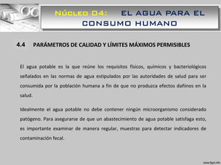 Núcleo 04: EL AGUA PARA EL
CONSUMO HUMANO
1.1 PARÁMETROS DE CALIDAD Y LÍMITES MÁXIMOS PERMISIBLES
El agua potable es la que reúne los requisitos físicos, químicos y bacteriológicos
señalados en las normas de agua estipulados por las autoridades de salud para ser
consumida por la población humana a fin de que no produzca efectos dañinos en la
salud.
Idealmente el agua potable no debe contener ningún microorganismo considerado
patógeno. Para asegurarse de que un abastecimiento de agua potable satisfaga esto,
es importante examinar de manera regular, muestras para detectar indicadores de
contaminación fecal.
4.4
 