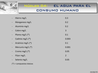 Núcleo 04: EL AGUA PARA EL
CONSUMO HUMANO
- Hierro mg/L 0.3
- Manganeso mg/L 0.2
- Aluminio mg/L 0.2
- Cobre mg/L 3
- Plomo mg/L (*) 0.1
- Cadmio mg/L (*) 0.003
- Arsénico mg/L (*) 0.1
- Mercurio mg/L (*) 0.001
- Cromo mg/L (*) 0.05
- Flúor mg/L 2
- Selenio mg/L 0.05
(*) = compuestos tóxicos
 