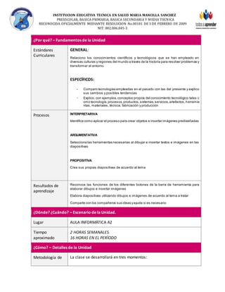 INSTITUCION EDUCATIVA TECNICA EN SALUD MARIA MANCILLA SANCHEZ
PREESCOLAR, BASICA PRIMARIA, BASICA SECUNDARIA Y MEDIA TECNICA
RECONOCIDA OFICIALMENTE MEDIANTE RESOLUCION No.00181 DE 3 DE FEBRERO DE 2009
NIT: 802.006.845-3
¿Por qué? – Fundamentos de la Unidad
Estándares
Curriculares
GENERAL:
Relaciono los conocimientos científicos y tecnológicos que se han empleado en
diversas culturas y regiones del mundo a través de la historia para resolver problemas y
transformar el entorno
ESPECÍFICOS:
- Comparo tecnologías empleadas en el pasado con las del presente y explico
sus cambios y posibles tendencias
- Explico, con ejemplos,conceptos propios del conocimiento tecnológico tales c
omo tecnología,procesos,productos,sistemas,servicios,artefactos,herramie
ntas, materiales, técnica, fabricación y producción
Procesos ÍNTERPRETARIVA
Identifica como aplicar el proceso para crear objetos e insertar imágenes prediseñadas
ARGUMENTATIVA
Selecciona las herramientas necesarias al dibujar e insertar textos e imágenes en las
diapositivas
PROPOSITIVA
Crea sus propias diapositivas de acuerdo al tema
Resultados de
aprendizaje
Reconoce las funciones de los diferentes botones de la barra de herramienta para
elaborar dibujos e insertar imágenes
Elabora diapositivas utilizando dibujos e imágenes de acuerdo al tema a tratar
Comparte con los compañeros sus ideas yayuda si es necesario
¿Dónde? ¿Cuándo? – Escenario de la Unidad.
Lugar AULA INFORMÀTICA A2
Tiempo
aproximado
2 HORAS SEMANALES.
16 HORAS EN EL PERÌODO
¿Cómo? – Detalles de la Unidad
Metodología de La clase se desarrollará en tres momentos:
 