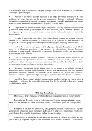 relaciones espaciales, utilizando los conceptos de izquierda-derecha, delante-detrás, arriba-abajo,
cerca-lejos y próximo-lejano.
• Plantear y resolver de manera individual o en grupo problemas extraídos de la vida
cotidiana, de otras ciencias o de las propias matemáticas, eligiendo y utilizando diferentes
estrategias, justificando el proceso de resolución, interpretando resultados y aplicándolos a nuevas
situaciones para poder actuar de manera más eficiente en el medio social.
• Emplear el conocimiento matemático para comprender, valorar y reproducir informaciones
y mensajes sobre hechos y situaciones de la vida cotidiana, en un ambiente creativo, de
investigación y proyectos cooperativos y reconocer su carácter instrumental para otros campos de
conocimiento.
• Apreciar el papel de las matemáticas en la vida cotidiana, disfrutar con su uso y valorar la
exploración de distintas alternativas, la conveniencia de la precisión, la perseverancia en la
búsqueda de soluciones y la posibilidad de aportar nuestros propios criterios y razonamientos.
• Utilizar los medios tecnológicos, en todo el proceso de aprendizaje, tanto en el cálculo
como en la búsqueda, tratamiento y representación de informaciones diversas; buscando,
analizando y seleccionando información y elaborando documentos propios con exposiciones
argumentativas de los mismos
• Usar los números en distintos contextos, identificar las relaciones básicas entre ellos, las
diferentes formas de representarlas, desarrollando estrategias de cálculo mental y aproximativo,
que lleven a realizar estimaciones razonables, alcanzando así la capacidad de enfrentarse con éxito
a situaciones reales que requieren operaciones elementales.
• Reconocer los atributos que se pueden medir de los objetos y las unidades, sistema y
procesos de medida; escoger los instrumentos de medida más pertinentes en cada caso, haciendo
previsiones razonables, expresar los resultados en las unidades de medida más adecuada,
explicando oralmente y por escrito el proceso seguido y aplicándolo a la resolución de problemas.
• Identificar formas geométricas del entorno noatural y cultura, analizar sus características y
propiedades , utilizando los datos obtenidos para describir la realidad y desarrollar nuevas
posibilidades de acción.
Criterios de evaluación
• Identificación de problemas de la vida cotidiana en los que intervienen la suma y la resta.
• Resolución de diferentes tipos de problemas numéricos de una operación con sumas y
restas, referidas a situaciones reales sencillas de cambio, combinación, igualación y comparación.
• Elementos de un problema (enunciado, datos, pregunta, solución) y dificultades a superar
(comprensión lingüística, datos numéricos, codificación y expresión matemáticas, resolución,
comprobación de la solución, comunicación oral del proceso seguido).
• Acercamiento al método de trabajo científico mediante el estudio de algunas de sus
características y su puesta en práctica en situaciones de su entorno inmediato. Resolución de
 