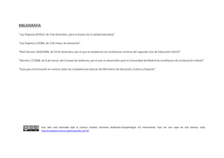 Esta obra está licenciada bajo la Licencia Creative Commons Atribución-CompartirIgual 4.0 Internacional. Para ver una copia de esta licencia, visita
http://creativecommons.org/licenses/by-sa/4.0/.
BIBLIOGRAFÍA
“Ley Orgánica 8/2013, de 9 de diciembre, para la mejora de la calidad educativa”
“Ley Orgánica 2/2006, de 3 de mayo, de educación”
“Real Decreto 1630/2006, de 29 de diciembre, por el que se establecen las enseñanzas mínimas del segundo ciclo de Educación Infantil”
“Decreto 17/2008, de 6 de marzo, del Consejo de Gobierno, por el que se desarrollan para la Comunidad de Madrid las enseñanzas de la Educación Infantil”
“Guía para la formación en centros sobre las competencias básicas del Ministerio de Educación, Cultura y Deporte”
 