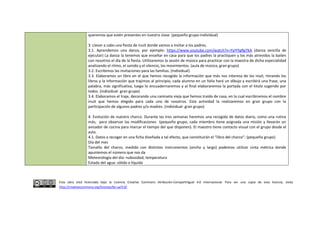 Esta obra está licenciada bajo la Licencia Creative Commons Atribución-CompartirIgual 4.0 Internacional. Para ver una copia de esta licencia, visita
http://creativecommons.org/licenses/by-sa/4.0/.
queremos que estén presentes en nuestra clase. (pequeño grupo-individual)
3. Llevar a cabo una fiesta de inuit donde vamos a invitar a los padres.
3.1. Aprendemos una danza, por ejemplo: https://www.youtube.com/watch?v=YyIYYgRgTkA (danza sencilla de
ejecutar) La danza la tenemos que enseñar en casa para que los padres la practiquen y los más atrevidos la bailen
con nosotros el día de la fiesta. Utilizaremos la sesión de música para practicar con la maestra de dicha especialidad
analizando el ritmo, el sonido y el silencio, los movimientos. (aula de música, gran grupo)
3.2. Escribimos las invitaciones para las familias. (individual)
3.3. Elaboramos un libro en el que hemos recogido la información que más nos interesa de los inuit, mirando los
libros y la información que trajimos al principio, cada alumno en un folio hará un dibujo y escribirá una frase, una
palabra, más significativa, luego lo encuadernaremos y al final elaboraremos la portada con el titulo sugerido por
todos. (individual- gran grupo)
3.4. Elaboramos el traje, decorando una camiseta vieja que hemos traído de casa, en la cual escribiremos el nombre
inuit que hemos elegido para cada uno de nosotros. Esta actividad la realizaremos en gran grupo con la
participación de algunos padres y/o madres. (individual- gran grupo)
4. Evolución de nuestro charco. Durante las tres semanas haremos una recogida de datos diaria, como una rutina
más, para observar las modificaciones (pequeño grupo, cada miembro tiene asignada una misión y llevarán un
avisador de cocina para marcar el tiempo del que disponen). El maestro tiene contacto visual con el grupo desde el
aula.
4.1. Datos a recoger en una ficha diseñada a tal efecto, que constituirán el “libro del charco”: (pequeño grupo)
Día del mes
Tamaño del charco, medido con distintos instrumentos (ancho y largo) podemos utilizar cinta métrica donde
apuntemos el número que nos da
Meteorología del día: nubosidad, temperatura
Estado del agua: sólido o líquido
 