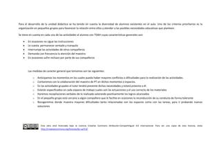 Esta obra está licenciada bajo la Licencia Creative Commons Atribución-CompartirIgual 4.0 Internacional. Para ver una copia de esta licencia, visita
http://creativecommons.org/licenses/by-sa/4.0/.
Para el desarrollo de la unidad didáctica se ha tenido en cuenta la diversidad de alumnos existentes en el aula. Uno de los criterios prioritarios es la
organización en pequeños grupos para favorecer la relación entre ellos y atender a las posibles necesidades educativas que planteen.
Se tiene en cuenta en cada una de las actividades al alumno con TDAH cuyas características generales son:
En ocasiones no sigue las instrucciones
Le cuesta permanecer sentado y tranquilo
Interrumpe las actividades de otros compañeros
Demanda con frecuencia la atención del maestro.
En ocasiones sufre rechazo por parte de sus compañeros
Las medidas de carácter general que tomamos son las siguientes:
o Anticipamos los momentos en los cuales pueda haber mayores conflictos o dificultades para la realización de las actividades.
o Contaremos con la colaboración del maestro de PT en dichos momentos o espacios.
o En las actividades grupales el tutor tendrá presente dichas necesidades y estará próximo a él.
o Estarán especificados en cada espacio de trabajo cuales son las actuaciones y el uso correcto de los materiales
o Haremos recopilaciones verbales de lo realizado valorando positivamente los logros alcanzados
o En el pequeño grupo está cercano a algún compañero que le facilite en ocasiones la reconducción de su conducta de forma tolerante
o Recogeremos donde muestra mayores dificultades tanto relacionadas con los espacios como con las tareas, para ir probando nuevas
soluciones
 