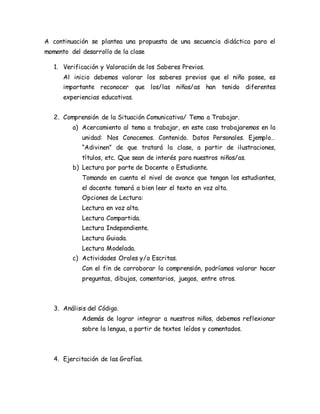 A continuación se plantea una propuesta de una secuencia didáctica para el
momento del desarrollo de la clase
1. Verificación y Valoración de los Saberes Previos.
Al inicio debemos valorar los saberes previos que el niño posee, es
importante reconocer que los/las niños/as han tenido diferentes
experiencias educativas.
2. Comprensión de la Situación Comunicativa/ Tema a Trabajar.
a) Acercamiento al tema a trabajar, en este caso trabajaremos en la
unidad: Nos Conocemos. Contenido. Datos Personales. Ejemplo…
“Adivinen” de que tratará la clase, a partir de ilustraciones,
títulos, etc. Que sean de interés para nuestros niños/as.
b) Lectura por parte de Docente o Estudiante.
Tomando en cuenta el nivel de avance que tengan los estudiantes,
el docente tomará a bien leer el texto en voz alta.
Opciones de Lectura:
Lectura en voz alta.
Lectura Compartida.
Lectura Independiente.
Lectura Guiada.
Lectura Modelada.
c) Actividades Orales y/o Escritas.
Con el fin de corroborar la comprensión, podríamos valorar hacer
preguntas, dibujos, comentarios, juegos, entre otros.
3. Análisis del Código.
Además de lograr integrar a nuestros niños, debemos reflexionar
sobre la lengua, a partir de textos leídos y comentados.
4. Ejercitación de las Grafías.
 