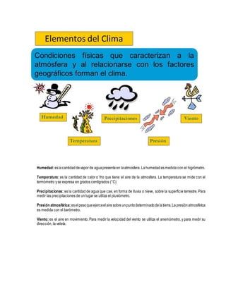 Humedad:eslacantidaddevapor de aguapresenteen laatmosfera. Lahumedadesmedida con el higrómetro.
Temperatura: es la cantidad de calor o frio que tiene el aire de la atmosfera. La temperatura se mide con el
termómetro yse expresa en grados centígrados (°C)
Precipitaciones: es la cantidad de agua que cae, en forma de lluvia o nieve, sobre la superficie terrestre. Para
medir las precipitaciones de un lugar se utiliza el pluviómetro.
Presión atmosférica:eselpesoqueejerceelairesobreunpuntodeterminadodelatierra.Lapresiónatmosférica
es medida con el barómetro.
Viento: es el aire en movimiento. Para medir la velocidad del viento se utiliza el anemómetro, y para medir su
dirección, la veleta.
 