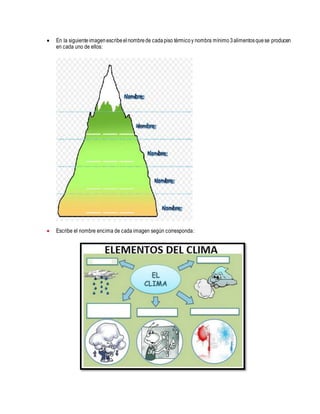  En la siguienteimagenescribeelnombrede cadapiso térmicoy nombra mínimo 3alimentosquese producen
en cada uno de ellos:
 Escribe el nombre encima de cada imagen según corresponda:
 