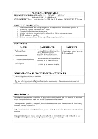 PROGRAMACIÓN DE AULA
EDUCACIÓN PRIMARIA: CURSO 2013/14
CICLO:2º
NIVEL:4º
ÁREA: LENGUA CASTELLANA
UNIDAD DIDÁCTICA: 3 TEMPORALIZACIÓN: DEL 21al 31 de octubre Nº SESIONES: 7/9 lectura

OBJETIVOS DIDÁCTICOS
1.
2.
3.
4.
5.
6.

Leer con entonación adecuada y comprender textos (narrativos, informativos, poesía…)
Reconocer y utilizar los prefijos sub- e inter-.
Comprender el concepto de demostrativo.
Conocer y aplicar la norma ortográfica del uso de la tilde en las palabras llanas.
Dividir un texto en párrafos.
Conocer las características del verso y de la prosa y diferenciarlas.

CONTENIDOS
SABER
- Prefijos de lugar.
- Los demostrativos.

SABER HACER
- Lectura de textos: Una redacción
salvaje, Seres inteligentes,
fragmento de Platero, la ardilla.

- La tilde en las palabras llanas.

- Gusto por la lectura de textos
de diversa índole.

- Reconocimiento de los elementos
esenciales de un texto narrativo.

- Verso y prosa.

SABER SER

- División de un texto en párrafos.

INCORPORACIÓN DE CONTENIDOS TRANSVERSALES
- Educación para la conciencia ambiental
- Hay que cobrar conciencia del peligro de extinción que amenaza a algunas especies y conocer los
cuidados que necesitan determinados seres vivos.

METODOLOGÍA
En esta Unidad Didáctica se va a incidir en el desarrollo de la expresión oral y se trabajará en pequeños
grupos para posteriormente, hacer una exposición sobre animales salvajes.
Con respecto a la gramática y ortografía, las actividades a realizar serán siempre dentro de situaciones y
contextos cercanos al alumnado.
Cada sesión comenzará con la lectura de una poesía a modo de motivación. En esta unidad será sobre los
animales.
Se propondrá realizar un cuento de miedo, aprovechando el momento (Hallowen), incidiendo en los
apartados básicos de presentación, nudo y desenlace y trabajando el párrafo.

 
