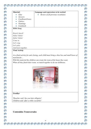 Material:                     Language and expressions to be worked:
       Glue                         Review of all previous vocabulary
       Scissors
       Cardboard boxes
       Fabrics
       Paintings
       Cardstock
Hello Song

Knock, knock!
Hello! Hello!
Hello! Hello!
Come in.
Let's sing.
Let's play.
And learn together.
Final Activity

As a final activity for unit closing, each child must bring a shoe box and small boxes of
matchsticks ...
With this material the children can create the room of the house they want.
When all they finish their room, we match together to do our dollhouse.




Goodbye

Theacher said: See you later alligator!
Children said: after a while cocodrile!




Contenidos Transversales


                                            11
 