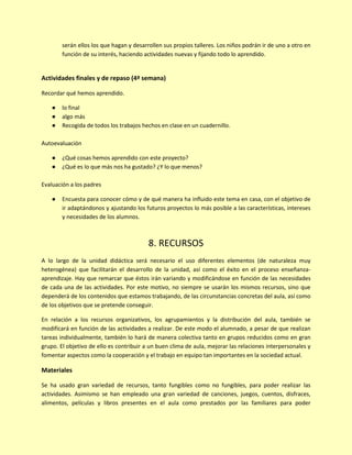 serán ellos los que hagan y desarrollen sus propios talleres. Los niños podrán ir de uno a otro en
función de su interés, haciendo actividades nuevas y fijando todo lo aprendido.
Actividades finales y de repaso (4ª semana)
Recordar qué hemos aprendido.
● lo final
● algo más
● Recogida de todos los trabajos hechos en clase en un cuadernillo.
Autoevaluación
● ¿Qué cosas hemos aprendido con este proyecto?
● ¿Qué es lo que más nos ha gustado? ¿Y lo que menos?
Evaluación a los padres
● Encuesta para conocer cómo y de qué manera ha influido este tema en casa, con el objetivo de
ir adaptándonos y ajustando los futuros proyectos lo más posible a las características, intereses
y necesidades de los alumnos.
8. RECURSOS
A lo largo de la unidad didáctica será necesario el uso diferentes elementos (de naturaleza muy
heterogénea) que facilitarán el desarrollo de la unidad, así como el éxito en el proceso enseñanza-
aprendizaje. Hay que remarcar que éstos irán variando y modificándose en función de las necesidades
de cada una de las actividades. Por este motivo, no siempre se usarán los mismos recursos, sino que
dependerá de los contenidos que estamos trabajando, de las circunstancias concretas del aula, así como
de los objetivos que se pretende conseguir.
En relación a los recursos organizativos, los agrupamientos y la distribución del aula, también se
modificará en función de las actividades a realizar. De este modo el alumnado, a pesar de que realizan
tareas individualmente, también lo hará de manera colectiva tanto en grupos reducidos como en gran
grupo. El objetivo de ello es contribuir a un buen clima de aula, mejorar las relaciones interpersonales y
fomentar aspectos como la cooperación y el trabajo en equipo tan importantes en la sociedad actual.
Materiales
Se ha usado gran variedad de recursos, tanto fungibles como no fungibles, para poder realizar las
actividades. Asimismo se han empleado una gran variedad de canciones, juegos, cuentos, disfraces,
alimentos, películas y libros presentes en el aula como prestados por las familiares para poder
 
