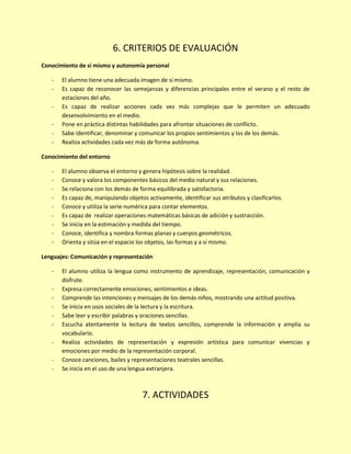 6. CRITERIOS DE EVALUACIÓN
Conocimiento de sí mismo y autonomía personal
- El alumno tiene una adecuada imagen de sí mismo.
- Es capaz de reconocer las semejanzas y diferencias principales entre el verano y el resto de
estaciones del año.
- Es capaz de realizar acciones cada vez más complejas que le permiten un adecuado
desenvolvimiento en el medio.
- Pone en práctica distintas habilidades para afrontar situaciones de conflicto.
- Sabe identificar, denominar y comunicar los propios sentimientos y los de los demás.
- Realiza actividades cada vez más de forma autónoma.
Conocimiento del entorno
- El alumno observa el entorno y genera hipótesis sobre la realidad.
- Conoce y valora los componentes básicos del medio natural y sus relaciones.
- Se relaciona con los demás de forma equilibrada y satisfactoria.
- Es capaz de, manipulando objetos activamente, identificar sus atributos y clasificarlos.
- Conoce y utiliza la serie numérica para contar elementos.
- Es capaz de realizar operaciones matemáticas básicas de adición y sustracción.
- Se inicia en la estimación y medida del tiempo.
- Conoce, identifica y nombra formas planas y cuerpos geométricos.
- Orienta y sitúa en el espacio los objetos, las formas y a sí mismo.
Lenguajes: Comunicación y representación
- El alumno utiliza la lengua como instrumento de aprendizaje, representación, comunicación y
disfrute.
- Expresa correctamente emociones, sentimientos e ideas.
- Comprende las intenciones y mensajes de los demás niños, mostrando una actitud positiva.
- Se inicia en usos sociales de la lectura y la escritura.
- Sabe leer y escribir palabras y oraciones sencillas.
- Escucha atentamente la lectura de textos sencillos, comprende la información y amplía su
vocabulario.
- Realiza actividades de representación y expresión artística para comunicar vivencias y
emociones por medio de la representación corporal.
- Conoce canciones, bailes y representaciones teatrales sencillas.
- Se inicia en el uso de una lengua extranjera.
7. ACTIVIDADES
 