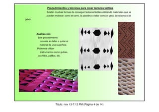 Procedimientos y técnicas para crear texturas táctiles
Existen muchas formas de conseguir texturas táctiles utilizando materiales que se
puedan moldear, como el barro, la plastilina o tallar como el yeso, la escayola o el
jabón.

-Sustracción:
Este procedimiento
consiste en tallar o quitar el
material de una superficie.
Podemos utilizar
instrumentos como gubias,
cuchillos, palillos, etc.

Título: nov 13-7:12 PM (Página 4 de 14)

 