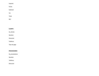 Importe

Fecha

Subtotal

Iva

Total

RFC




CLIENTE

Id_cliente

Nombre

Dirección

Teléfono

Tipo de pago



PROVEEDORES

Id_proveedores

Nombre

Teléfono

Dirección
 