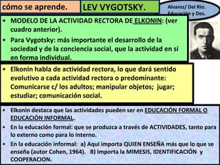 Alvarez/ Del Rio.
Educación y Des.
LEV VYGOTSKY.cómo se aprende.
• Elkonin habla de actividad rectora, lo que dará sentido...
