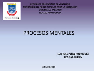 REPUBLICA BOLIVARIANA DE VENEZUELA
MINISTERIO DEL PODER POPULAR PARA LA EDUCACION
UNIVERSIAD YACAMBU
NUCLEO PORTUGUESA
PROCESOS MENTALES
LUIS JOSE PEREZ RODRIGUEZ
HPS-162-00480V
8,MAYO,2018
 
