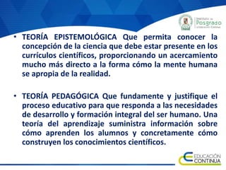 • TEORÍA EPISTEMOLÓGICA Que permita conocer la
concepción de la ciencia que debe estar presente en los
currículos científicos, proporcionando un acercamiento
mucho más directo a la forma cómo la mente humana
se apropia de la realidad.
• TEORÍA PEDAGÓGICA Que fundamente y justifique el
proceso educativo para que responda a las necesidades
de desarrollo y formación integral del ser humano. Una
teoría del aprendizaje suministra información sobre
cómo aprenden los alumnos y concretamente cómo
construyen los conocimientos científicos.
 