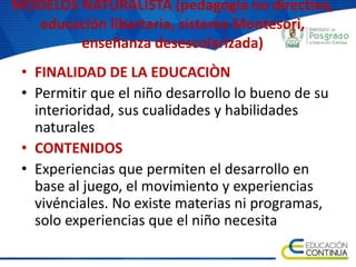 MODELOS NATURALISTA (pedagogía no directiva,
educación libertaria, sistema Montesori,
enseñanza desescolarizada)
• FINALIDAD DE LA EDUCACIÒN
• Permitir que el niño desarrollo lo bueno de su
interioridad, sus cualidades y habilidades
naturales
• CONTENIDOS
• Experiencias que permiten el desarrollo en
base al juego, el movimiento y experiencias
vivénciales. No existe materias ni programas,
solo experiencias que el niño necesita
 