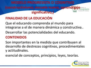 MODELO PROGRESISTA O COGNITIVO
(constructivismo, escuela nueva, aprendizaje
significativo,)
FINALIDAD DE LA EDUCACIÒN
Que el educando comprenda al mundo para
integrarse a el de manera dinámica y constructiva..
Desarrollar las potencialidades del educando.
CONTENIDOS
Son importantes en la medida que contribuyen al
desarrollo de destrezas cognitivas, procedimentales
y actitudinales.
esencial de conceptos, principios, leyes, teorías.
 
