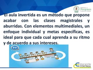 El aula invertida es un método que propone
acabar con las clases magistrales y
aburridas. Con elementos multimediales, un
enfoque individual y metas específicas, es
ideal para que cada cual aprenda a su ritmo
y de acuerdo a sus intereses.
 