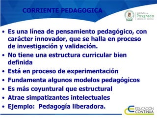 CORRIENTE PEDAGOGICA
• Es una línea de pensamiento pedagógico, con
carácter innovador, que se halla en proceso
de investigación y validación.
• No tiene una estructura curricular bien
definida
• Está en proceso de experimentación
• Fundamenta algunos modelos pedagógicos
• Es más coyuntural que estructural
• Atrae simpatizantes intelectuales
• Ejemplo: Pedagogía liberadora.
 