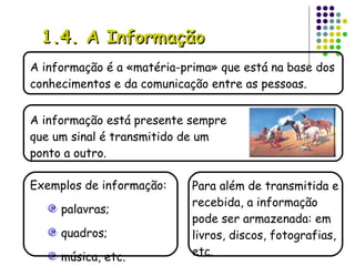 1.4. A Informação A informação é a «matéria-prima» que está na base dos conhecimentos e da comunicação entre as pessoas. A informação está presente sempre que um sinal é transmitido de um ponto a outro. Exemplos de informação: palavras; quadros; música, etc. Para além de transmitida e recebida, a informação pode ser armazenada: em livros, discos, fotografias, etc. 