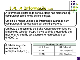 A informação digital pode ser guardada nas memórias do computador sob a forma de bits e bytes. Um bit é a menor unidade de informação guardada num computador. É representado por dois dígitos: 0 ou 1.  Um byte é um conjunto de 8 bits. Cada caracter (letra ou símbolo do teclado) ocupa 1 byte quando é guardado em memória. A letra B, por exemplo, é representada por 01000010. 1.4. A Informação  (cont) A tabela seguinte representa os múltiplos do byte (B) 