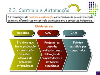 2.3. Controlo e Automação As tecnologias de  controlo e automação  caracterizam-se pela intervenção de meios informáticos no controlo de mecanismos e processos industriais.  Robótica CAD CAM É a área que faz a projecção e construção de robôs, através de processos informáticos Projecto ou desenho realizado com a utilização de computadores e softwares específicos Fabrico assistido por computador Divide-se em: 