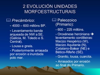 2 EVOLUCIÓN UNIDADES MORFOESTRUCTURAIS Precámbrico :  -  4000 – 600 millóns BP. -  Levantamento banda arqueada de NW a SE. (Galicia, M. Toledo e S. Central). - Lousa e gneis. - Posteriormente arrasada por erosión e inundada polo mar. Paleozoico (Primario):  - 600 – 225 millóns. - Oroxénese herciniana    leventamento cordilleiras: Macizo Hespérico (W), Macizo Aquitania (N), Catalano-Balear (NE) e Bético-Rifeño (SE). - Granito, lousa, cuarcita. -  Arrasados por erosión ao final do Primario. 